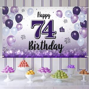 Happy 74th Birthday Decorations,74th Purple Balloon Large Birthday Banner Backdrop Sign - Cheers to 74 Years Old Bday Party Supplies.