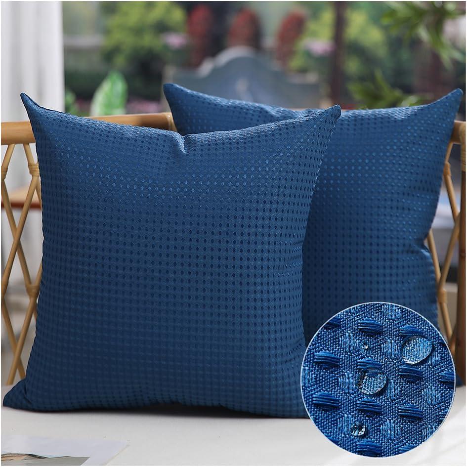DFXSZ Outdoor Pillow Covers 18X18 Inch Set of 2 Dark Blue Waffle Textured Polyester Pillow Covers Spring Summer Outdoor Waterproof Decor for Patio Funiture Garden 025A18