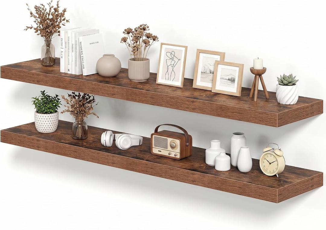 12 Inch Deep Floating Shelves Brown, 55 Inch Long, 2" Thick Floating Shelves for Wall, Hidden Bracket, Scratch-Resistant Wood Grain for Bedroom Bathroom Kitchen, Coffee Bar, Bookshelf, 55"x 11.6"-Pack of 2