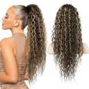 Flufymooz Ponytail Extension, 26 Inch Bohemian Style Drawstring Ponytail Hair Extensions for Women, Long Curly Wavy Pony Tail Natural Synthetic Hairpiece for Women (Ash Brown with Blonde Highlights)