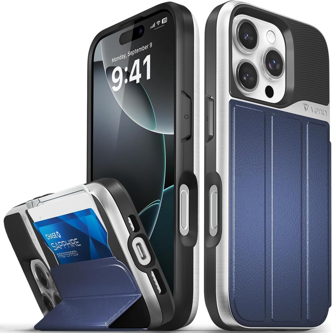 VENA vCommute for iPhone 16 Pro Wallet Case, [Military Grade Drop Protection] Flip Leather Cover Slot Card Holder with Kickstand - Blue