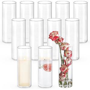UPBUD 12pcs Glass Cylinder Vases for Centerpieces | 10 Inch Tall Flower Vase for Wedding Decorations, Floating Candle Holders for Dinner Table, Bridal Shower, Office Home Decor