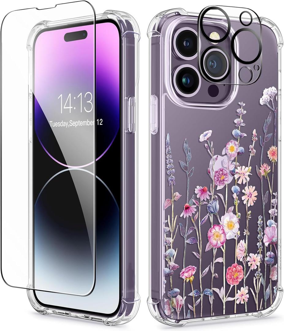 GVIEWIN for iPhone 14 Pro Max Case Floral, with Screen Protector&Camera Lens Protector,[Non Yellowing] Soft Shockproof Clear Phone Protective Cover for Women, Flower Pattern 6.7" (Floratopia/Colorful)