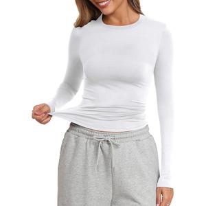 PALINDA Fitted Long Sleeve Shirts for Women Crew Neck Basic Stretchy T-Shirts Casual Layering Tee Shirt Crop Tops (White, M)