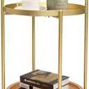 2 Tier Round Side Table, 16" Small Metal End Table with Removable Wooden Tray, Round Accent Sofa Coffee Side Table for Living Room, Bedroom, Balcony (Gold)