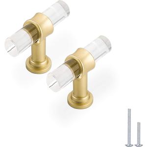 Haliwu/5 Pack Acrylic Drawer Knobs, Kitchen Cabinet Knobs Gold Knobs for Dresser 2 inch T Bar Knobs Singel Hole Crystal Hardware