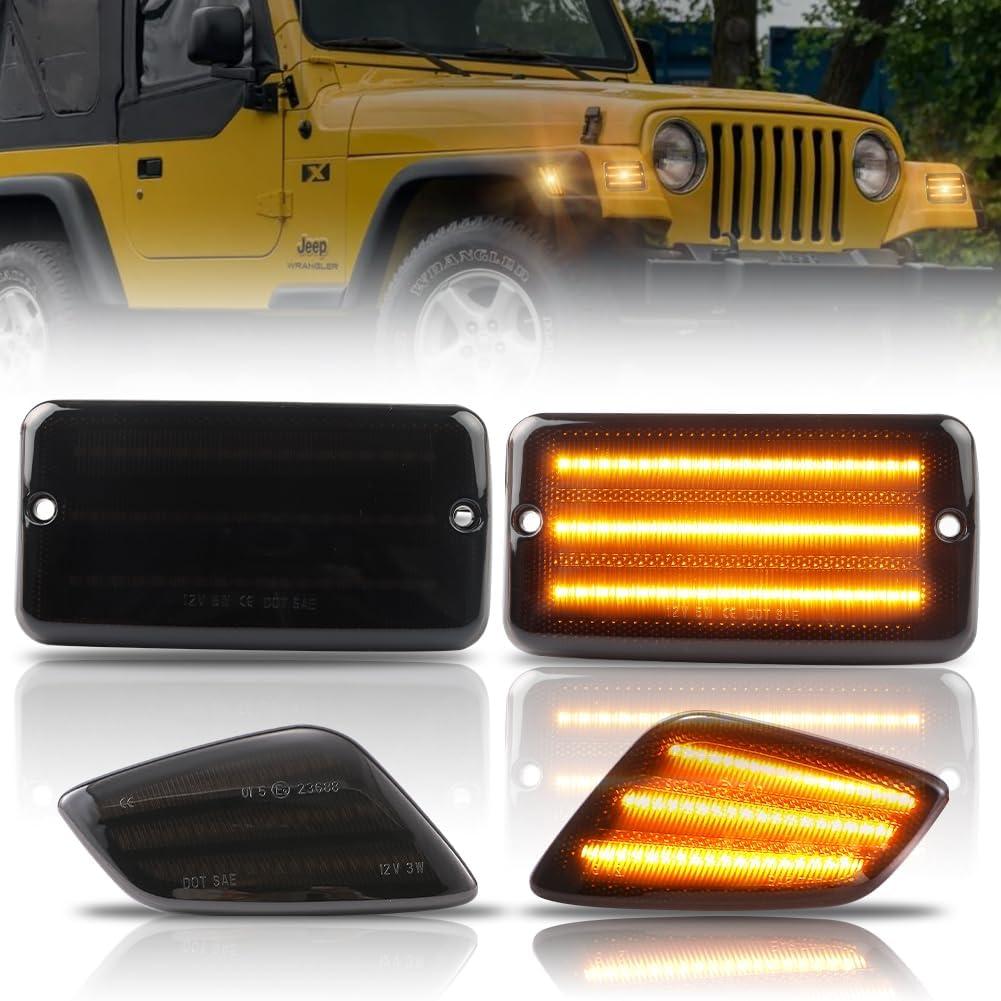 Front Turn Signal Lights & Side Marker Lights for 1997-2006 Wrangler TJ, Smoked Lens Side Bumper Marker Lamps, [Ultra-Bright] 3-Row Full LED Amber Parking Light DRL & Amber Turn Signal, 4 PCS