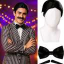 Swooflia Black Short Wig for Men & Cosplay Accessories - Convenient Set Includes Adjustable Wig Cap, Mustache, Tie, Cosplay Wig for Halloween, Costume, Party and Daily Use (Wig-08)