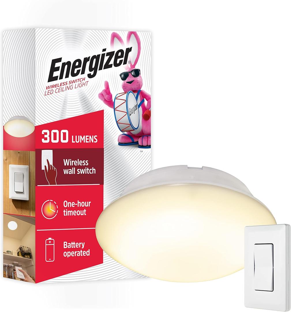Energizer LED Ceiling Light Fixture, Battery Operated, Wireless Wall Switch Remote, 300 Lumens, Ceiling Light No Electricity, Perfect for Closets, Laundry Room, Garage, Shed and More, 58823-T1
