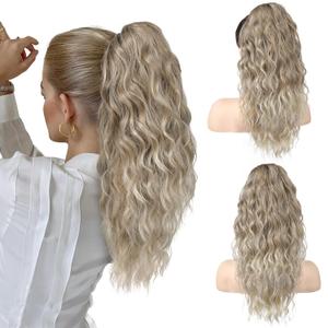 SEIKEA 18" Ponytail Extension Claw, PT002 Tia Long Multi Layered Hair Fluffy Thick Wavy Curly Clip in Hair Extensions Ponytail Natural Soft Synthetic Hairpiece for Women Ash Brown with Blonde Ends