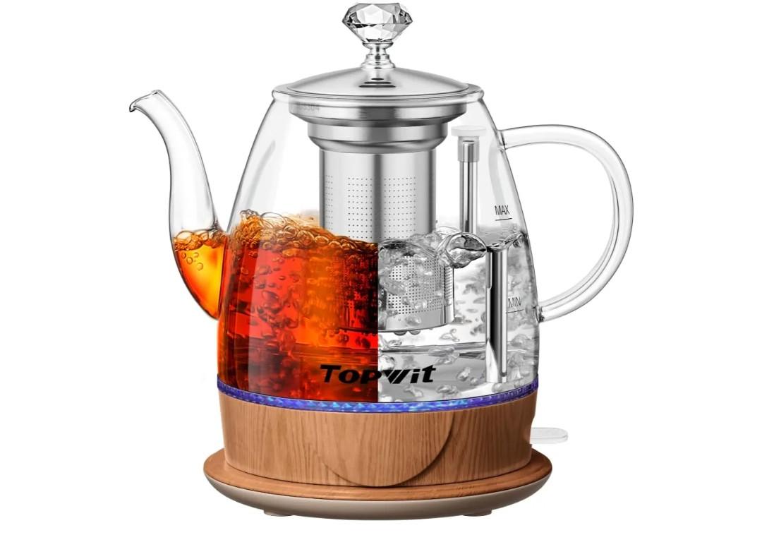 Topwit Electric Kettle Glass, For Hot Water, Tea and Coffee Dual Purpose Design, BPA-Free, 1L Pour Over Removable Stainless Steel Infuser, Auto-shut Off & Boil-dry Protect