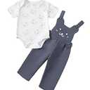 SUNNY PIGGY Baby Boy Clothes Newborn Outfits Short Sleeve Bear Print Romper Adjustable Suspender Overalls Jumpsuit Grey-3-6M