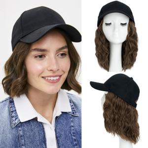 S-noilite Baseball Cap Wig with Hair Extensions 12" Short Curly Wavy Bob Hairstyle Adjustable Hats with Hair Attached for Women Synthetic Brown Wavy Bob Hat Wigs Hair Piece(#10-Ash Brown)