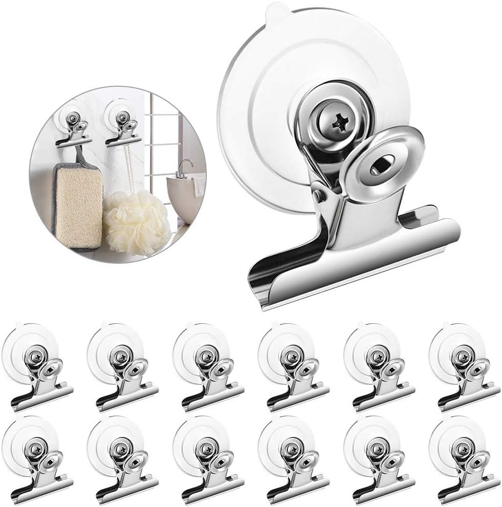 Aufind 12 Packs Suction Cup Clip Plastic Round Suction Cup Clamp Holder Strong Window Glass Suction Cup Clip for Hanging Kitchen Bathroom Office Accessories (Silver)