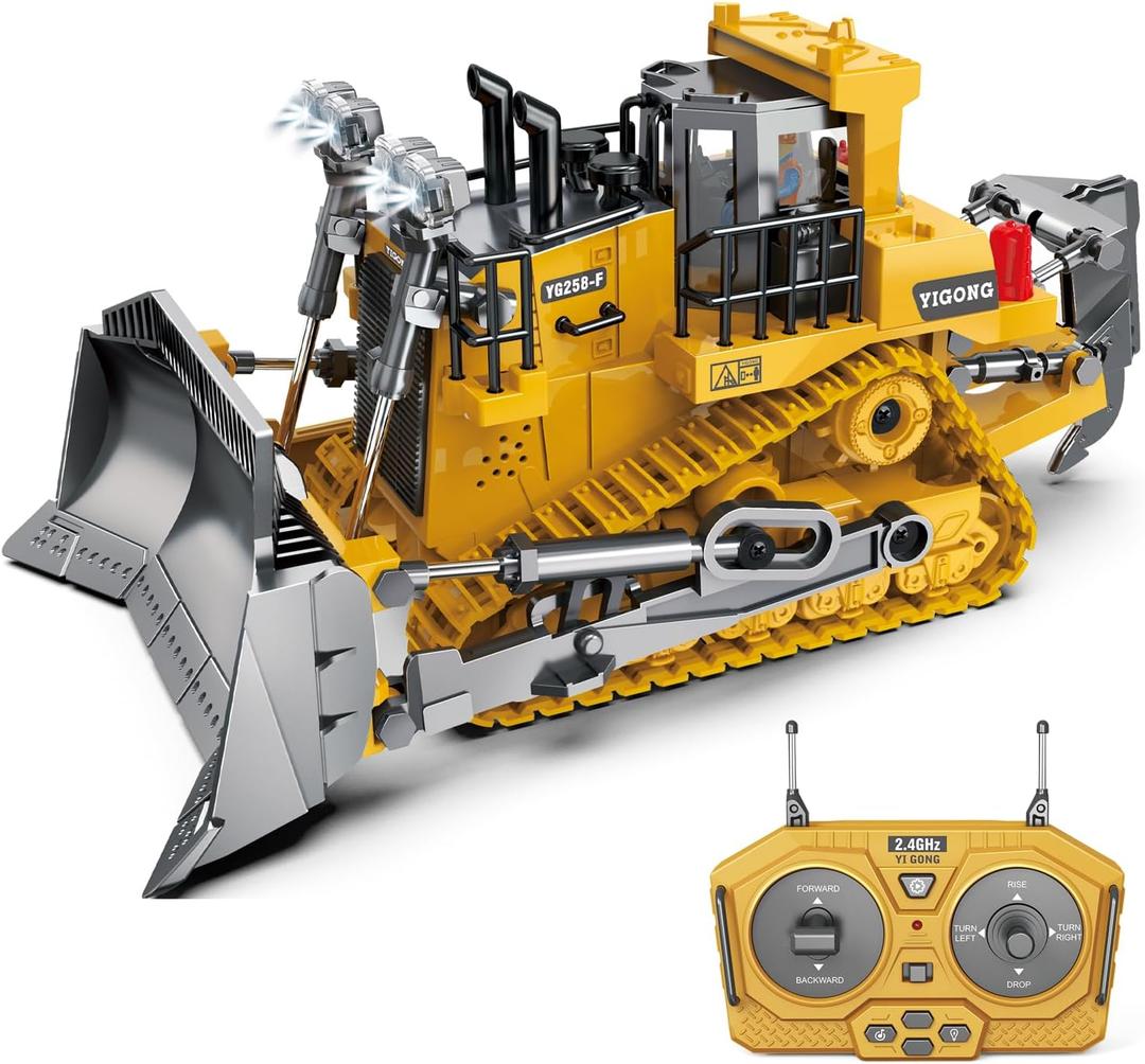 Remote Control Bulldozer - 11 Channel RC Dozer Front Loader Toy with Light and Sound - 1/24 Full Construction Vehicle Toys for Kids Age 6 7 8 9 10 and Up Years Old