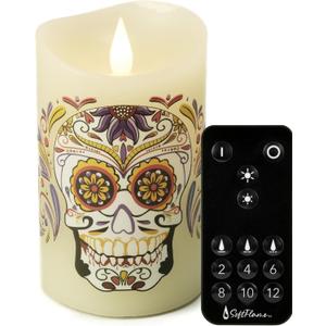 Halloween Flameless LED Candles with Remote Control, 3"x 5"Battery Operated Pillar Real Wax with Timer for Halloween Decorations, Sugar Skull Candle