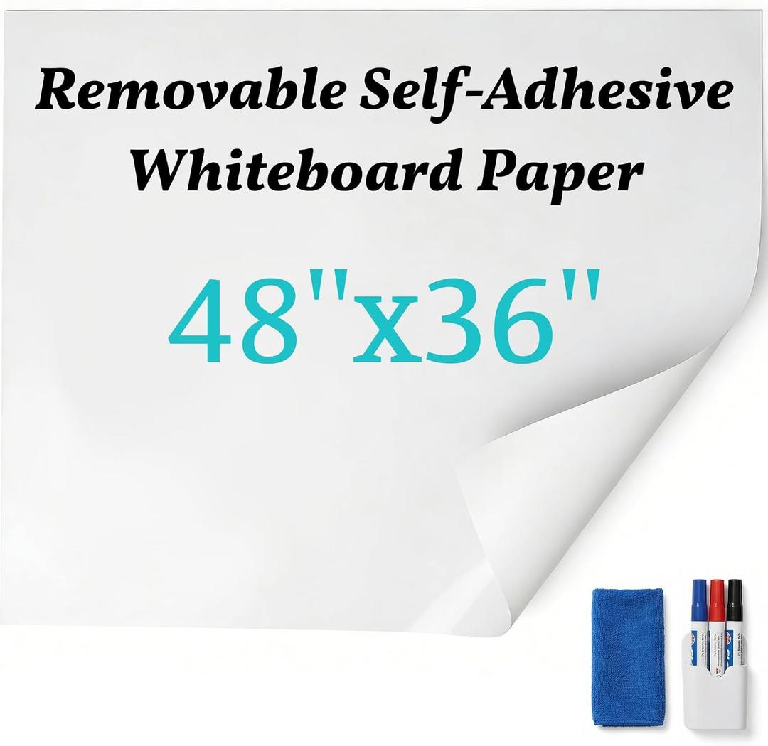 Dry Erase Board Sticker for Wall, 48" x 36"Whiteboard Sticker with Removable Foam Adhesive Backing, Peel and Stick Whiteboard that Repositions Easily & Leaves No Residue