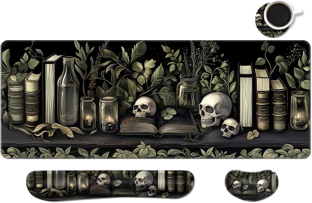 MIBITRI Keyboard Mouse Pad Set, Extended Gaming Mouse Pad+Ergonomics Keyboard Wrist Rest Support, Memory Foam, Easy Typing Pain Relief, 4Pcs XXL Ultra Thick Desk Mat, Dark Academia