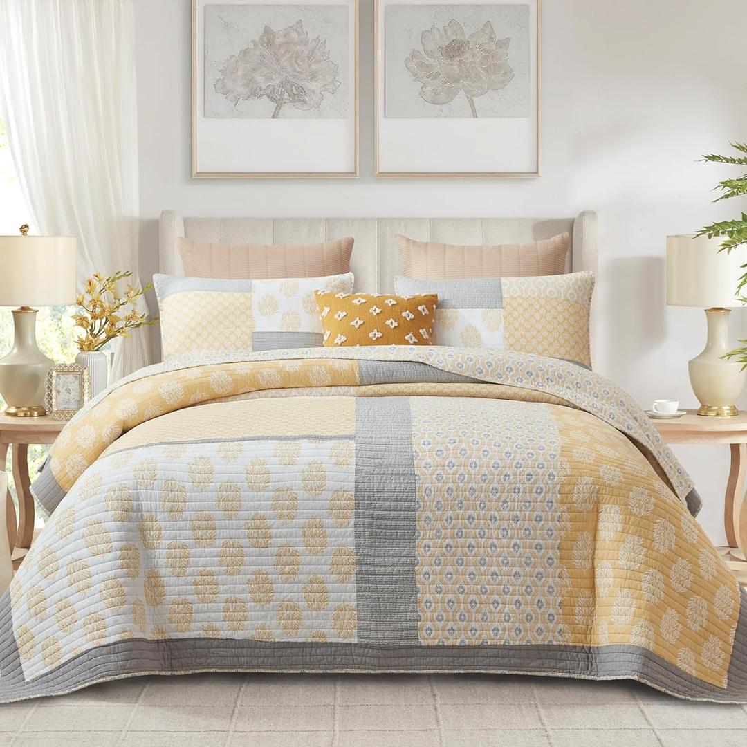 Finlonte Twin Quilt Set, 100% Cotton Twin Comforter Set, Yellow Grey Farmhouse Quilted Bedspread, Patchwork Lightweight Reversible Quilt Bedding Set for Twin Bed, 2-Pieces (Twin (68"x86"), Yellow/Gray/White)