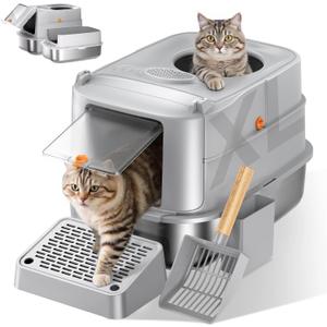 Stainless Steel Cat Litter Box with Lid, XL Extra Large Metal Litter Box for Big Cats, 180 Flip Cover Enclosed Top Entry Litter Boxs with High Sided Enclosure & Scoop, Non-Sticky, Anti-Leakage (Grey)