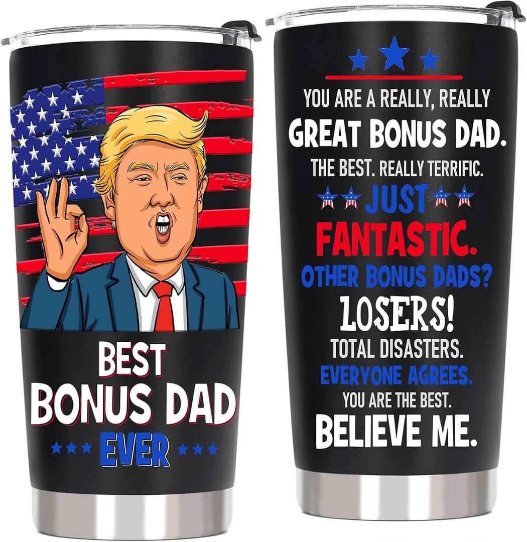 Best Bonus Dad Fathers Day Gift from Daughter Son Kids - Funny Birthday Gifts for Bonus Step Dad Stepdad, 20 OZ Stainless Steel Insulated Travel Coffee Tumbler Cup
