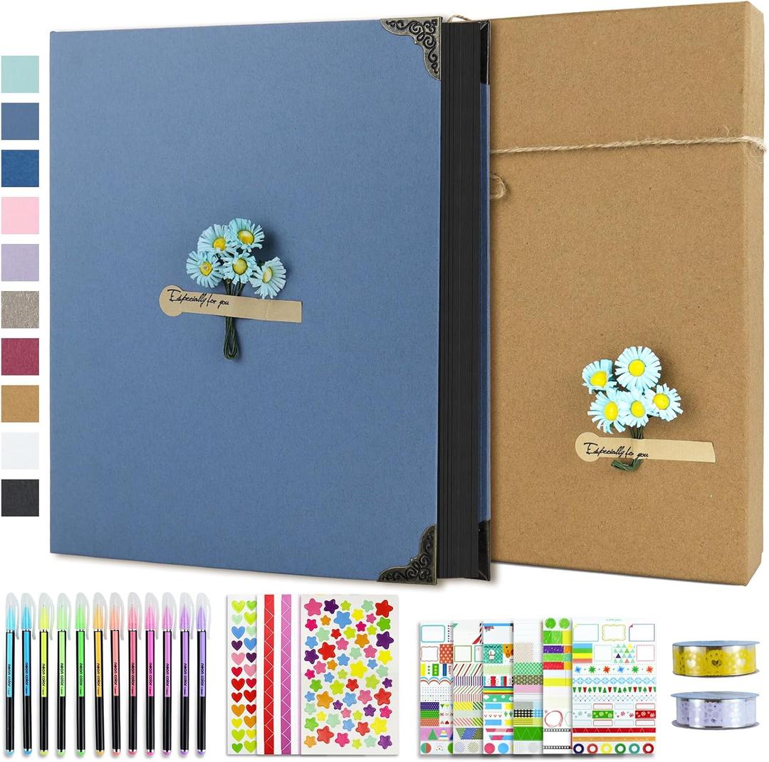Vienrose DIY Scrapbook Photo Album Kit with Pens Tapes and Stickers 60 Pages Hardcover 8.5x11 Inches 3 Rings Removable Black Paper Scrapbooking for Lover Friends Kids Wedding Skyblue