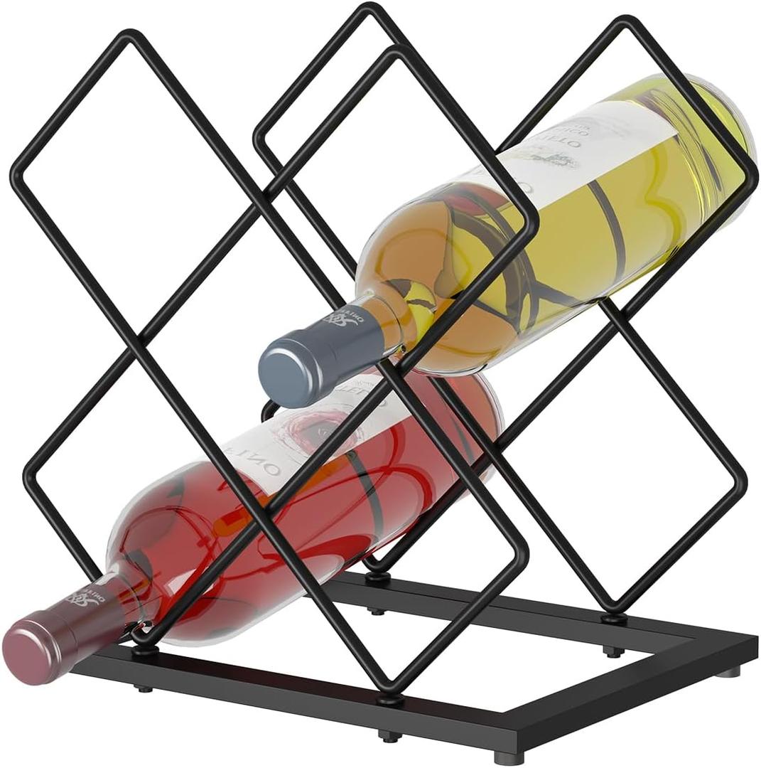 Countertop Wine Rack, 6 Bottles Wine Storage Capacity, Modern Corner Metal Wine Bottle Holder for Bar, Cabinet, Pantry, Tabletop Wine Racks for Cup and Water Bottle Black