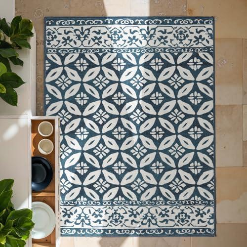 jinchan Area Rug 2x3 Entryway Washable Rug Geometric Indoor Doormat Faux Wool Soft Tile Pattern Floral Printed Stain Resistant Non-Slip Carpet for Kitchen Bedroom Bathroom Navy Blue
