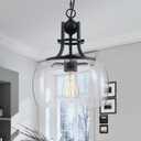 WUZUPS Chandelier Rustic Farmhouse Industrial Round Ceiling Pendant LED Light Fixture with Clear Glass Shades for Dining Room Kitchen Island Foyer Entryway, H 13" x W 10", E26 Base, Black