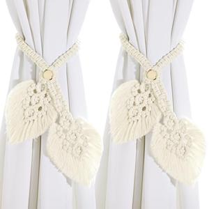 2 Pack Boho Curtain Tiebacks Macrame Holdbacks, Handmade Adjustable Curtain Tie Back Holders for Drapes Window, Elegant White Leaf Wall Decor for Indoor Outdoor Use