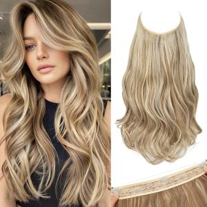 SARLA Invisible Wire Hair Extensions with 3 Clips Long Wavy Curly Synthetic Hairpiece for Women Adjustable Transparent Headband 18 Inch Bahama Beige