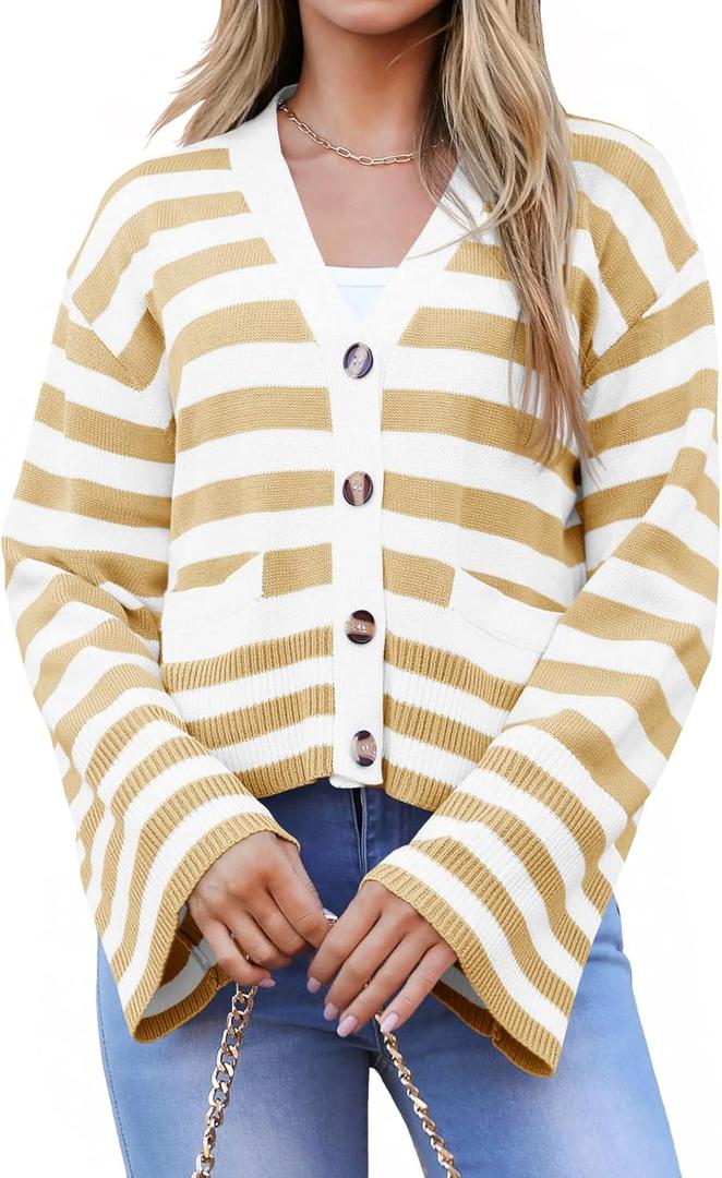 Saodimallsu Womens Striped Cardigan Sweaters Cropped Fall Button Open Front Long Sleeve Knit Sweater Coat with Pockets (Beige)