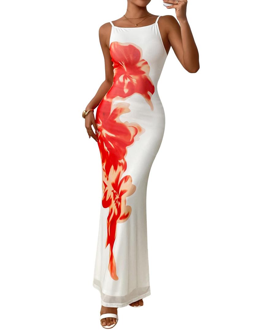 PRETTYGARDEN Womens Summer Dresses 2026 Elegant Spaghetti Straps Evening Gown Floral Print Bodycon Maxi Mesh Sundress(White and Orange Floral,X-Large) (XL)