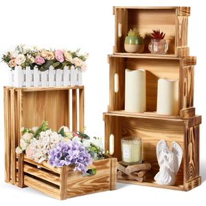 CroBlissful 5 Pack Decorative Wood Crates for Display 5 Sizes Rustic Nesting Wooden Crates Vintage Storage Container Boxes with Handles Handmade Decorative Baskets Bin for Farmhouse (Classic Color)