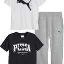 PUMA boys 3 Piece Set, Short Sleeve Cotton Jersey T-shirts & Matching Tricot Pant 4T