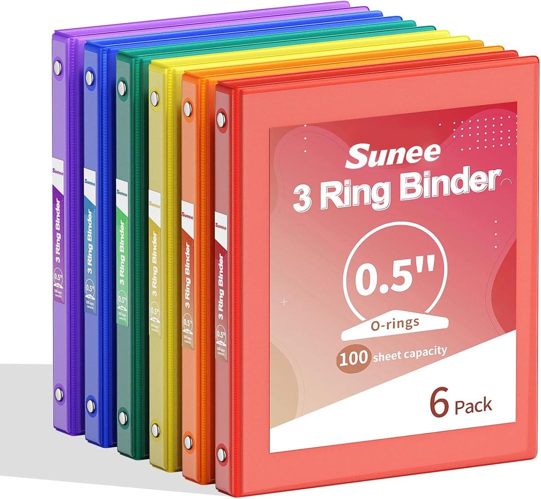 SUNEE 1/2 Inch Binders 3 Ring 6 Pack, 3 Ring Binders Half Inch Clear View PVC-Free (Fit 8.5x11 Inches) for School Binder or Office Binder Supplies, Classic 6 Colors