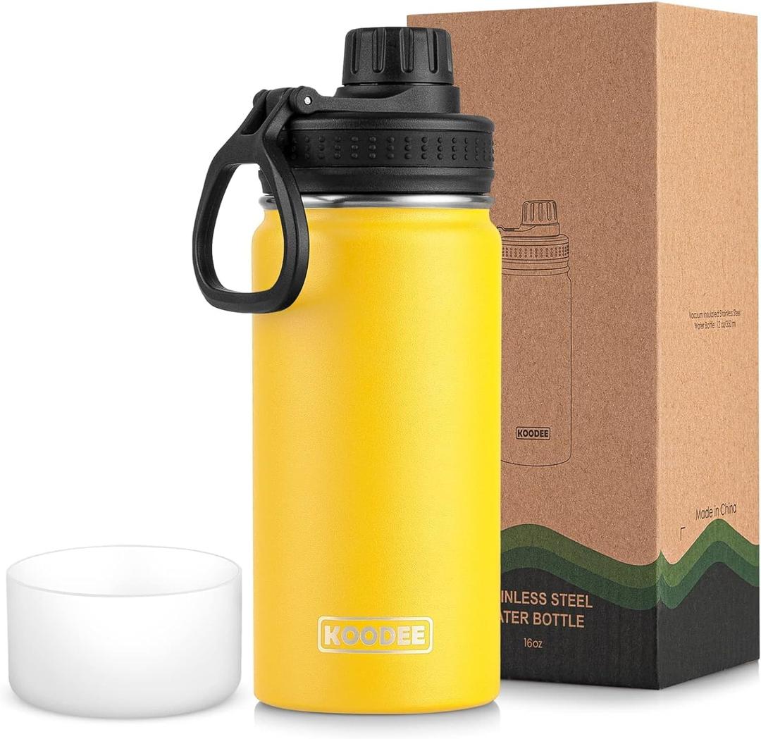 koodee Water Bottle-16 oz Stainless Steel Double Wall Vacuum Insulated Wide Mouth Water Bottle for Back to School-Reusable Metal Flask with Leakproof Spout Lid (Yellow)
