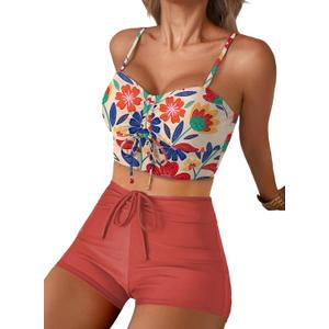 Herseas High Waisted Bikini Sets for Women Floral Print Two Piece Tummy Control Swimsuits Drawstring Short Bathing Suit (Gold, M)