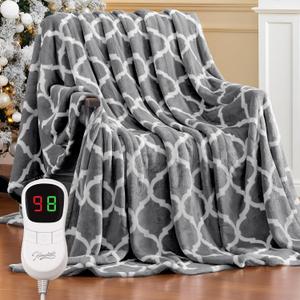Homemate Heated Blanket Electric Throw - 50x60 Heating Blanket with 10 Fast Heat Levels 8 Hours Auto Off Soft Cozy Flannel Over-Heated Protection ETL Certification Keep Warming in Home (Grey Geometry)