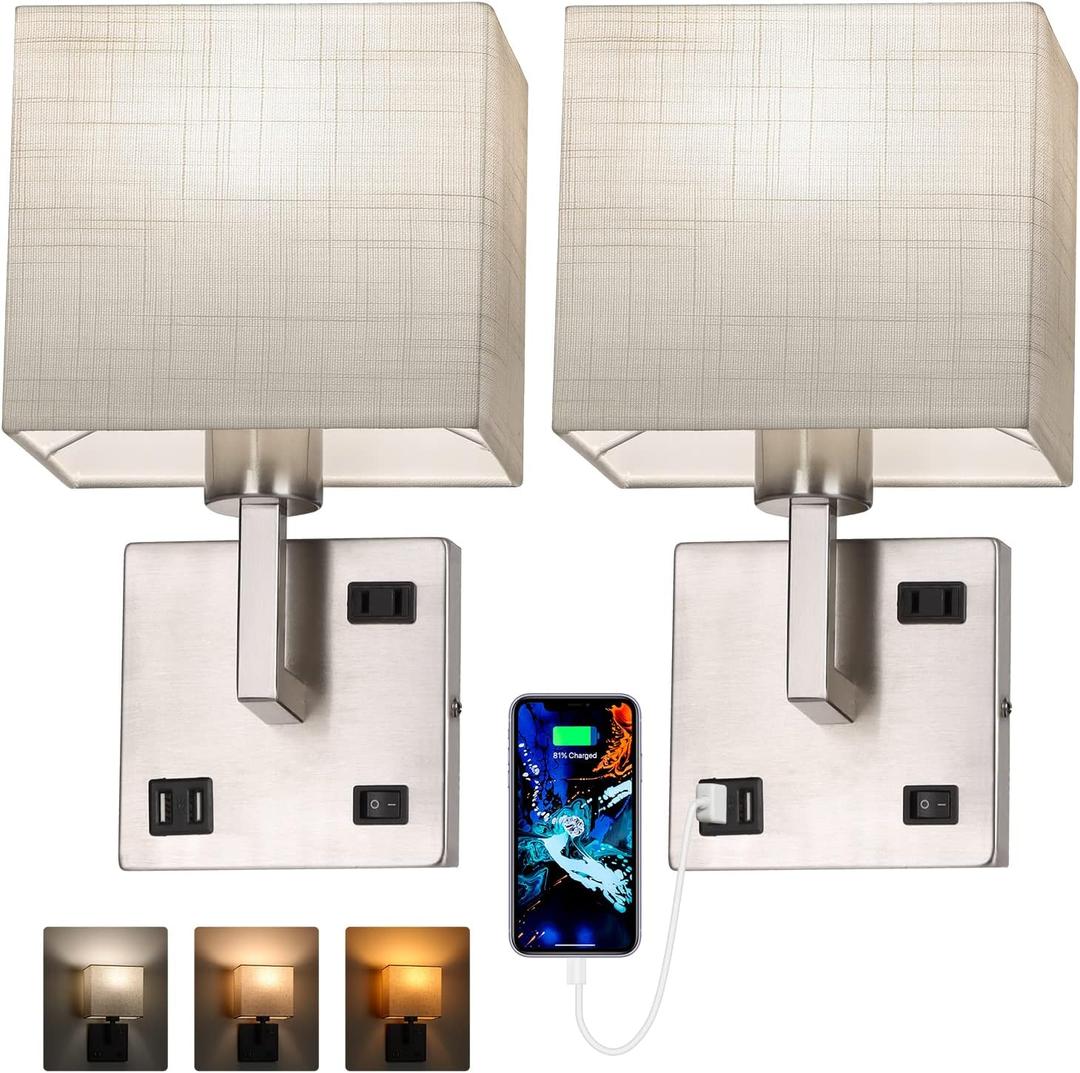 AVV Bedroom Sconces Set of 2, Wall Mounted Bedside Lamps with USB Port, AC Outlet and 3 Color Selectable 2700K/4000K/5000K, Wall Lamps for Bedroom Living Room Hotel, Hardwire, Nickel