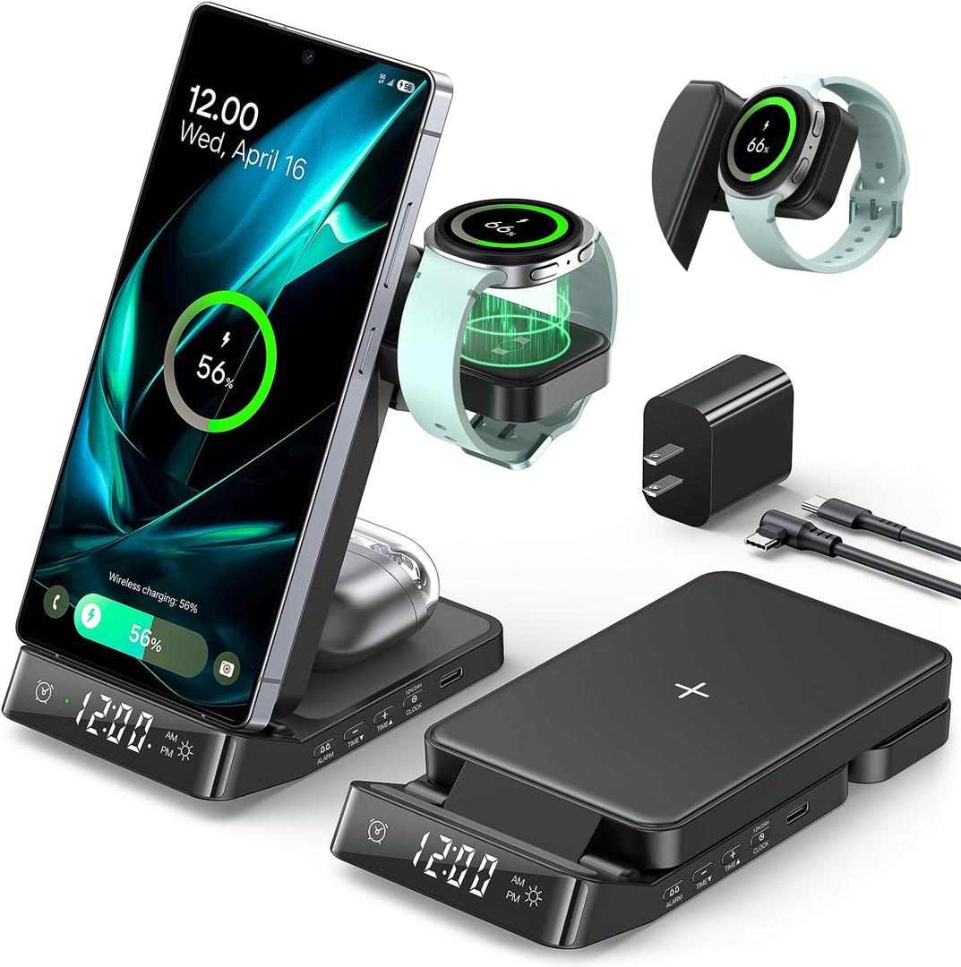 Alarm Clock Wireless Charging Station, 3 in 1 Foldable Wireless Charger for S25 Ultra S24/Z Fold 7/6/Z Flip, & Galaxy Watch Charger Stand for Galaxy Ultra/8/7, Buds