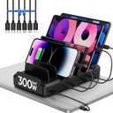 300W Charging Station for Multiple Devices, 8 Port Multi USB C Fast Charger Station Dock for MacBook iPhone 16/15/14/13/12 Samsung Pixel Series iPad, Black (6 Mixed Short Cables Included)