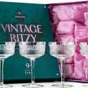 GLASSIQUE CADEAU Vintage Ritzy Cocktail and Champagne Coupe Glasses | Set of 4 | 7 oz Crystal Long Stemmed Glassware for Drinking Martini, Cosmopolitan, Manhattan | Retro Saucers
