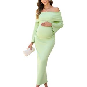 AISWI Off The Shoulder Maternity Dress Bell Sleeves Ruched Bodycon Maxi Elegant Pregnancy Dresses Baby Shower Photoshoot, Size L