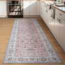 Runner Rug for Kitchen Hallway 2x6 Washable Non-Slip, Soft Boho Floral Carpet Low Pile Vintage Long Kitchen, Bedroom, Laundry, Bathroom, Living Room Rugs (Pink)