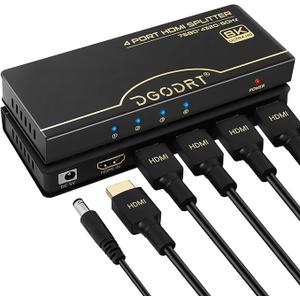 DGODRT 8K@60Hz HDMI Splitter 1 in 4 Out, 1x4 Power HDMI 2.1 Splitter 4 Ports Distributor Box, Support 4K@120HZ HDCP 2.3 3D HDR 48 Gbps for HDTV, Fire Stick, PS5, Xbox, Blu Ray(HDsplit8K-4P