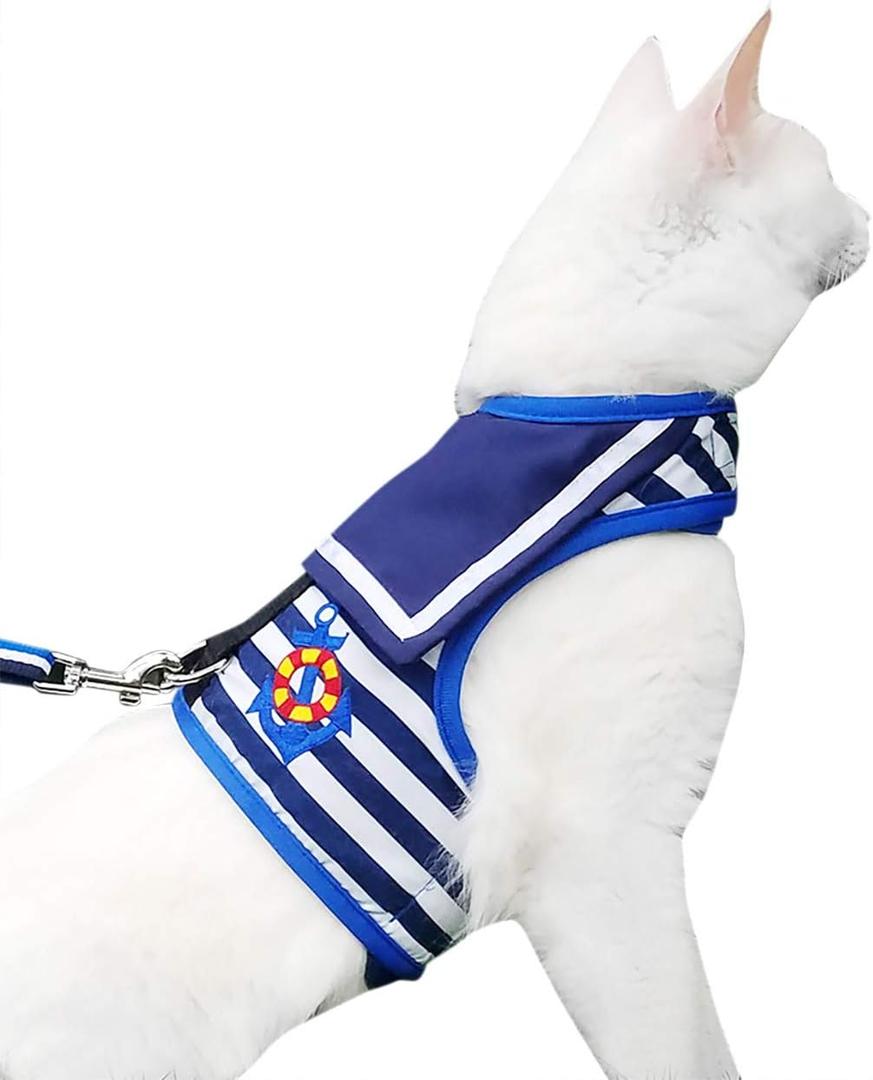 Cat Harness and Leash for Walking Escape Proof, Adjustable Cat Vest Harness, Padded Stylish Cat Walking Jackets, Sailor Suit Navy, XX-Large