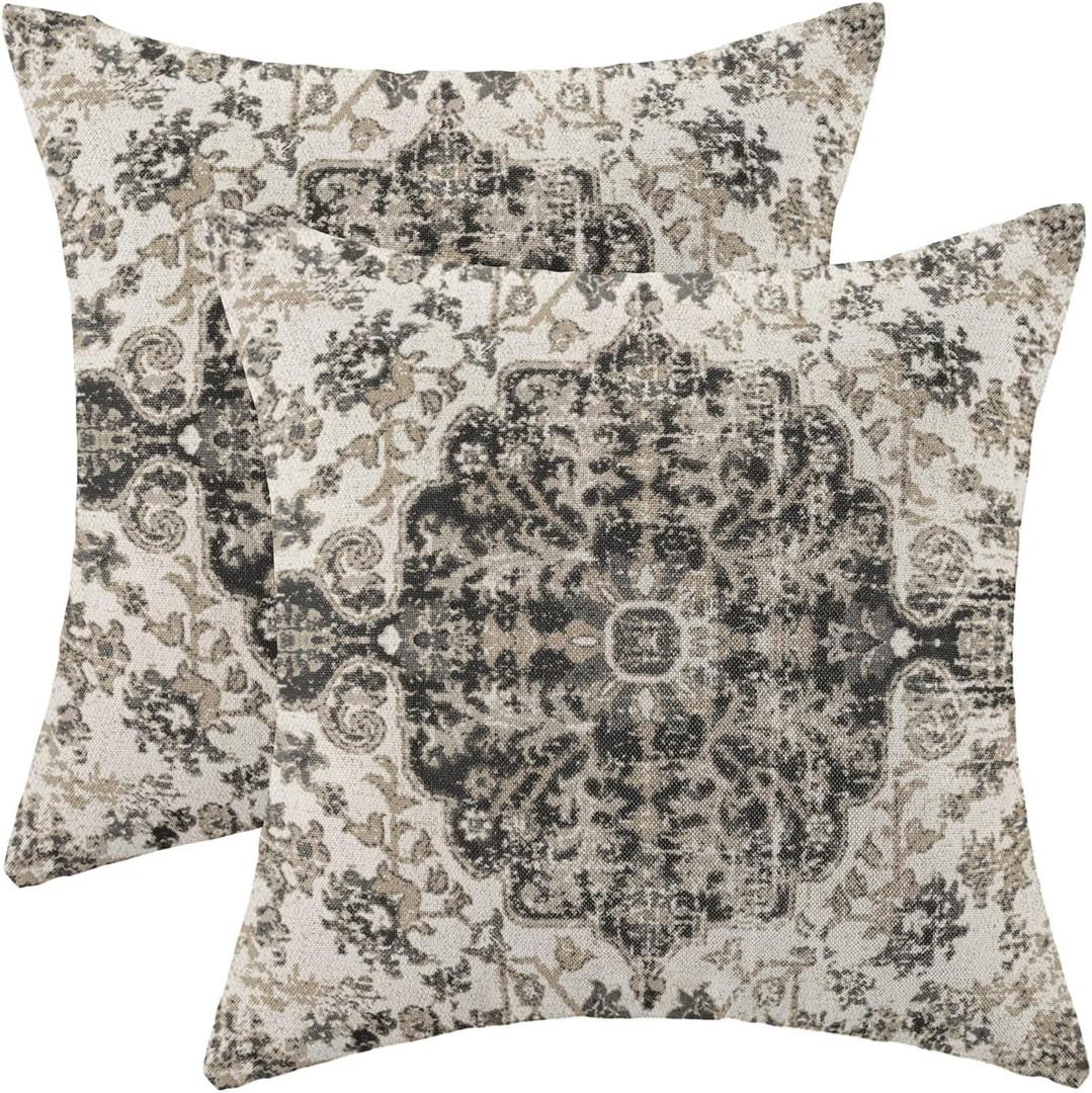 AEIOAE Boho Pillow Covers 20x20 Inch Set of 2,Carpet Pattern Throw Pillows Case,Black White Grey Ethnic Design Outdoor Decorative Square Linen Farmhouse Decor Cushion Covers for Home Sofa Bed Couch