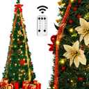 6ft Pop Up Prelit Christmas Tree with Remote, Collapsible pre lit Artificial Christmas Tree with Already Decorated Pull Up 100 White Lights Red&Gold Ribbon, Bows for Christmas Holiday Party Decor