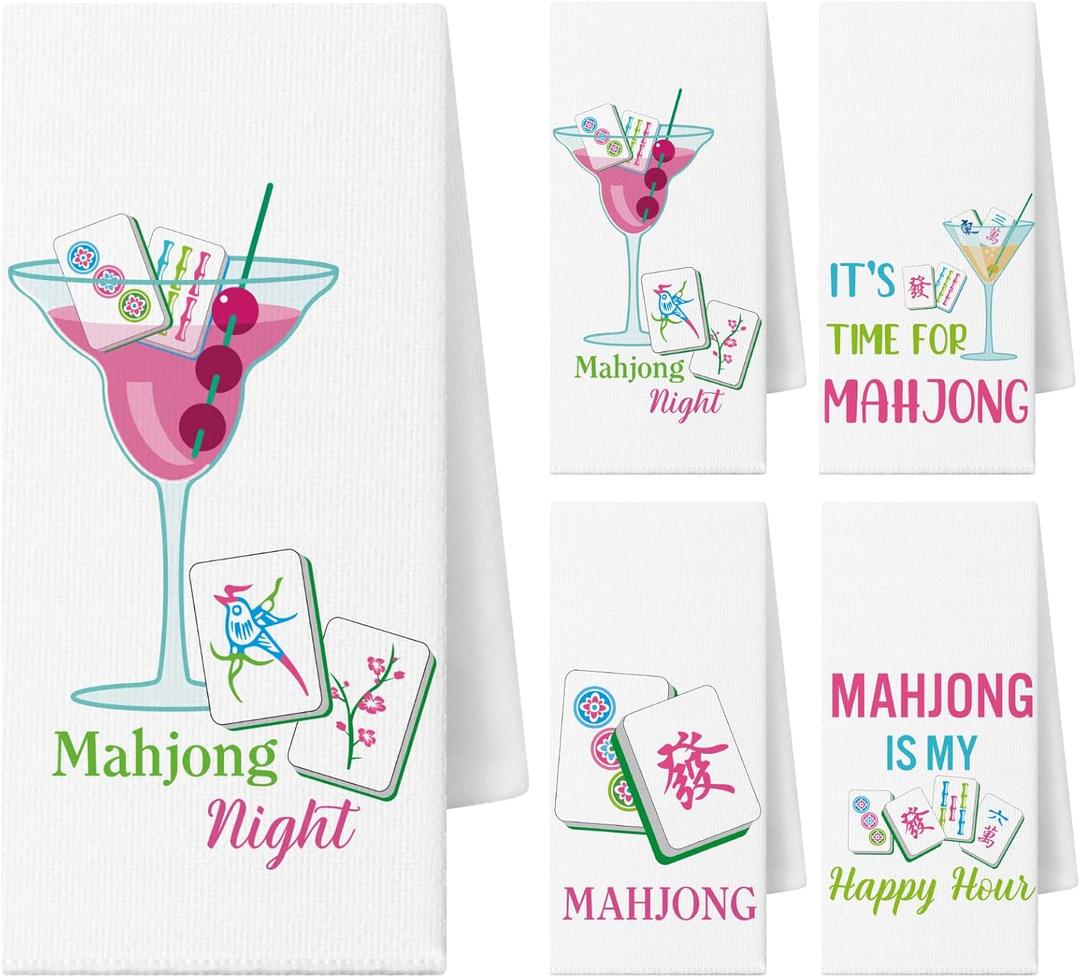 Newwiee 4 Pcs Mahjong Cocktail Dish Towels Gifts for Women 16 x 24 Inches Funny Kitchen Napkins Decorative Hand Tea Towel Mahjong Lover Gifts for Kitchen Bathroom Decor(White)